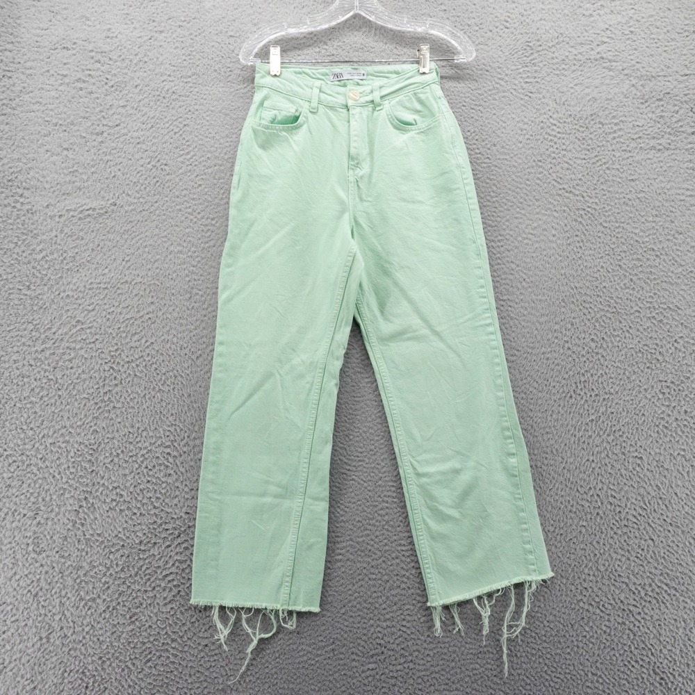 Zara Straight Fit Frayed Hem Jeans 2 Green Womens Rise Stretch High Rise‎ Boho